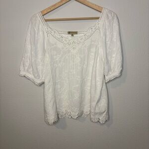 Democracy Boho Peasant Blouse - White Embroidered Lace Trim Top